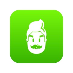 Hipster man face icon green vector isolated on white background