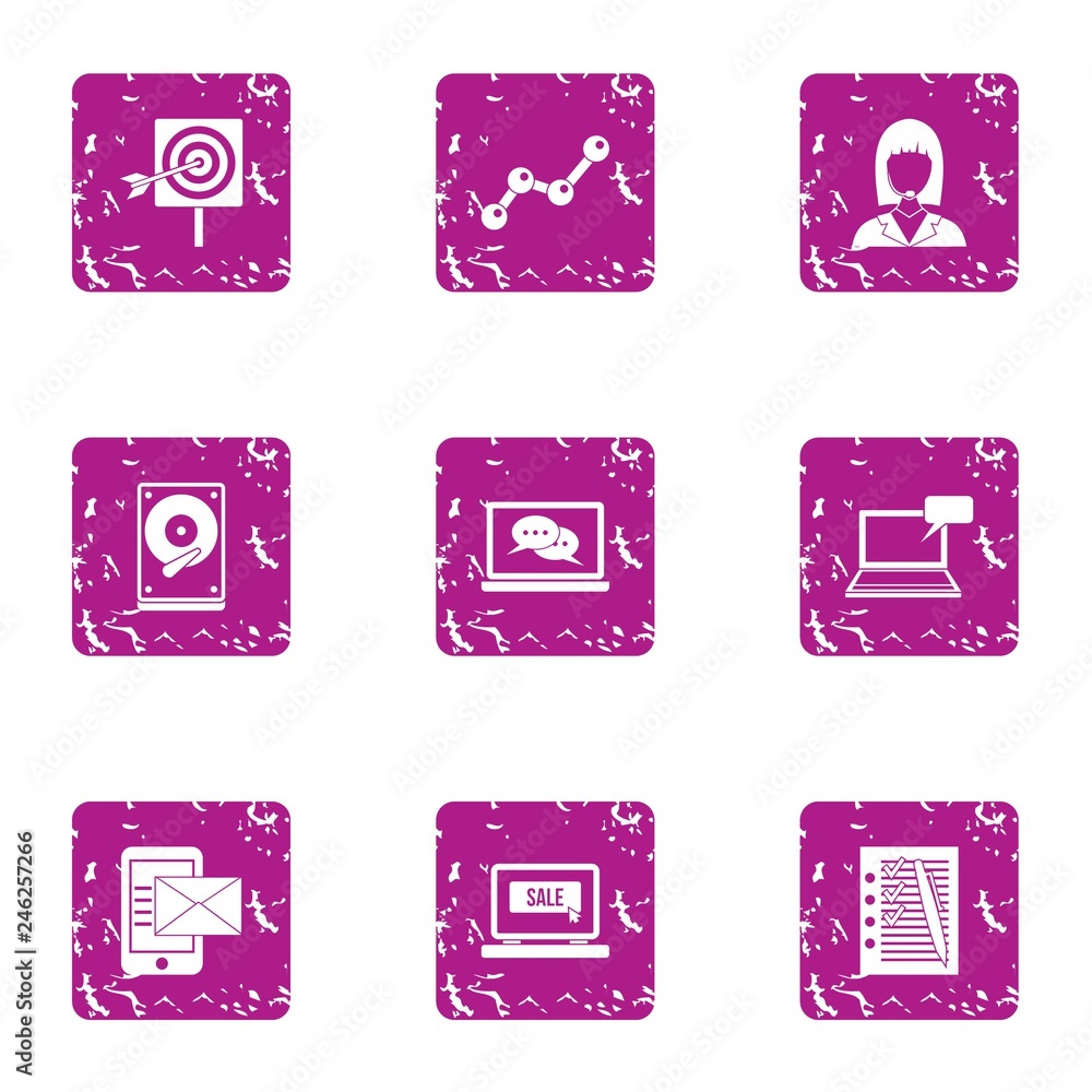 Poster record data icons set. grunge set of 9 record data vector icons for web isolated on white background
