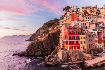 Panorama of Riomaggiore at sunset in Liguria, Italy (Cinque Terre)