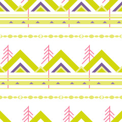 Seamless abstract geometric ethnic pattern with green zigzag lines, triangles and pink trees on white background - 246257289