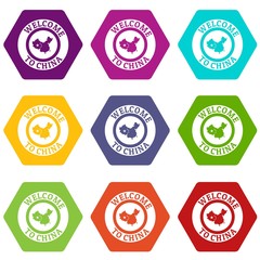 China map icons 9 set coloful isolated on white for web