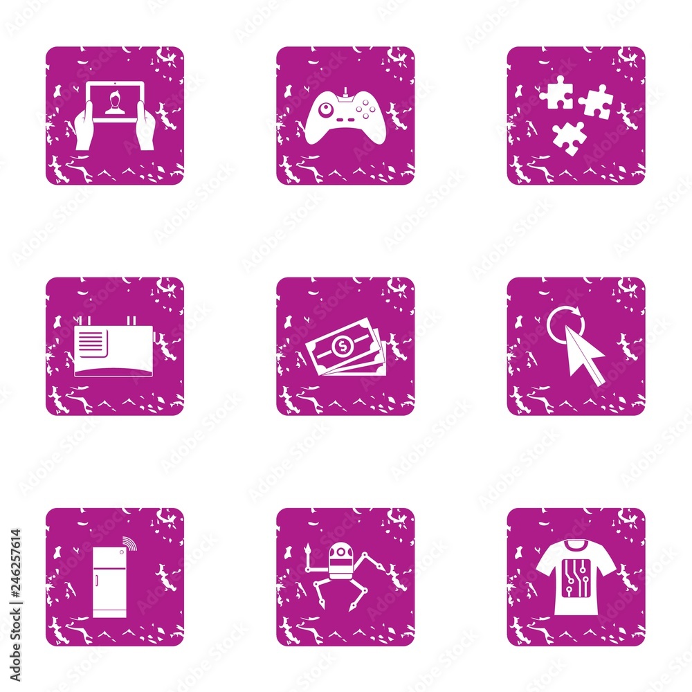 Poster robot secretary icons set. grunge set of 9 robot secretary vector icons for web isolated on white ba