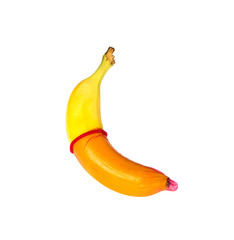 banana in a pink condom isolated on white background