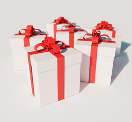 pile of red gift boxes with white ribbons