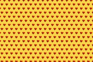 Red hearts on a colored yellow background. Pattern for the design of textiles and wallpaper. Concept of sv. Valentine's and women's day.