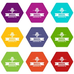 Brazil discover icons 9 set coloful isolated on white for web