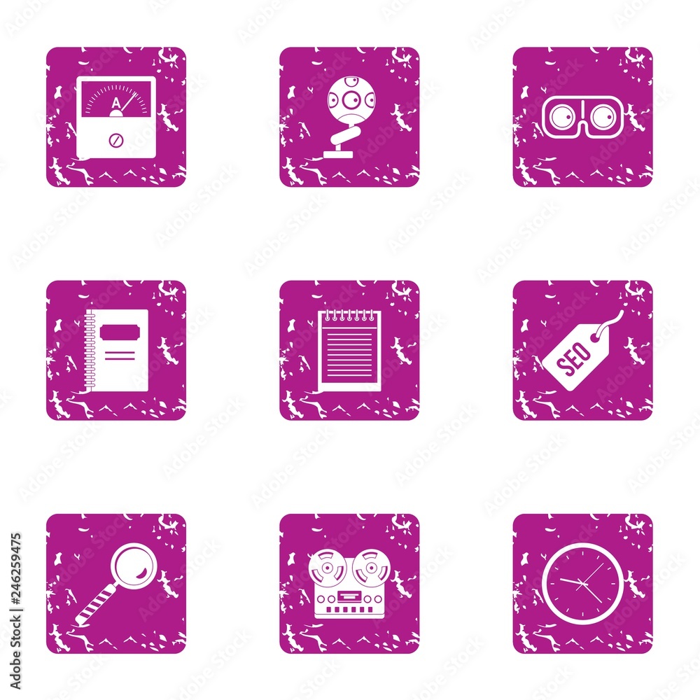 Poster engine optimization icons set. grunge set of 9 engine optimization vector icons for web isolated on 