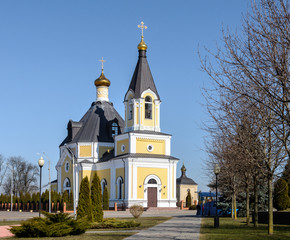 Fototapeta na wymiar Holy Assumption Cathedral in Rechitsa - the decoration of the city. The temple is given a statute of historical and cultural value of Belarus. 
