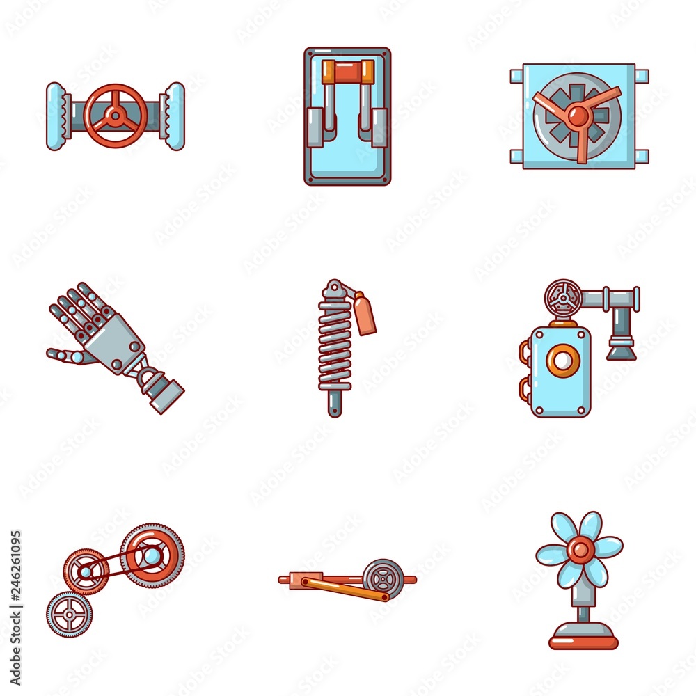 Poster mechanician icons set. cartoon set of 9 mechanician vector icons for web isolated on white backgroun