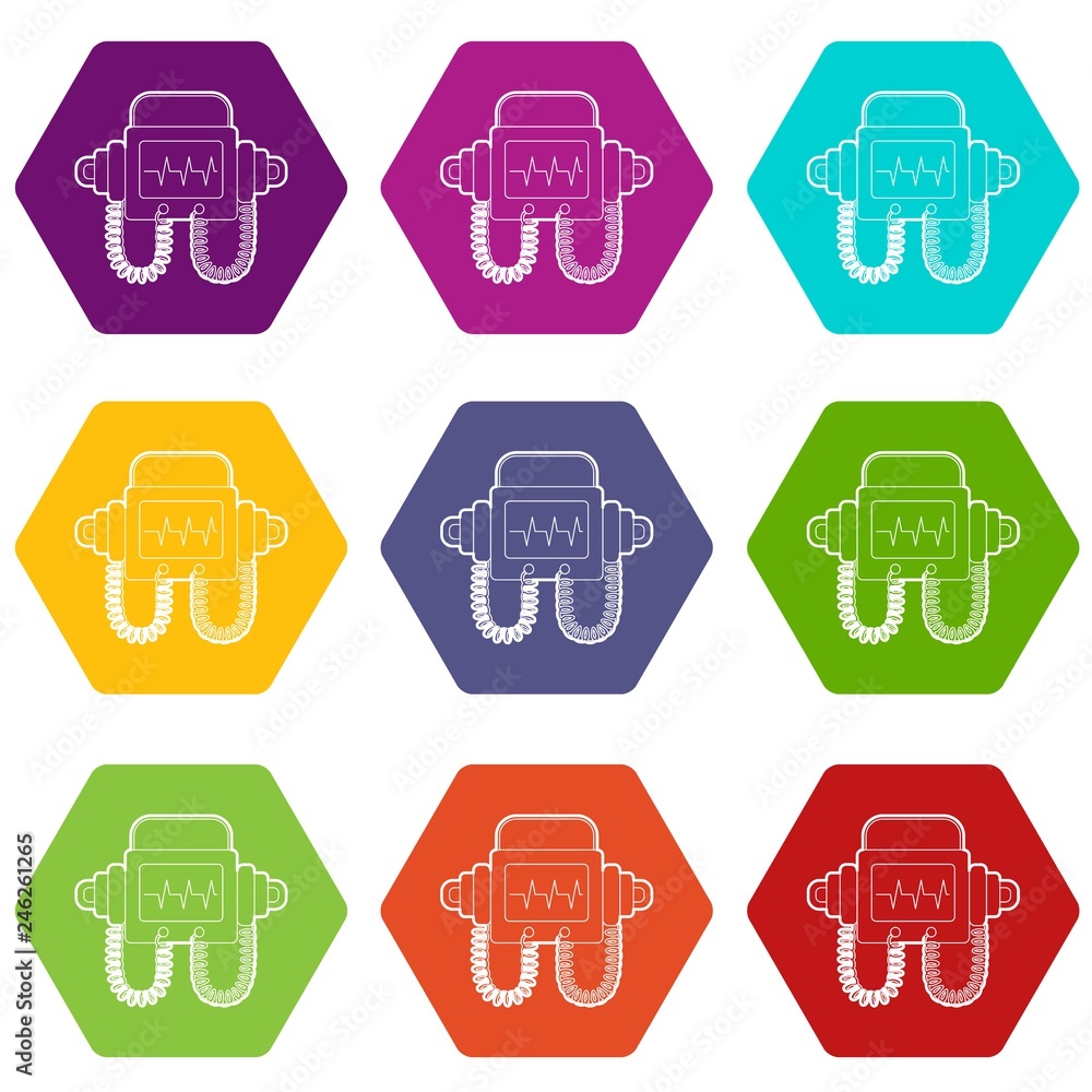 Poster defibrillator icons 9 set coloful isolated on white for web