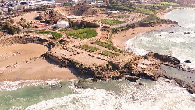 Caesaria ruins in Israel, 4k aerial