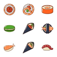 Raw fish icons set. Cartoon set of 9 raw fish vector icons for web isolated on white background