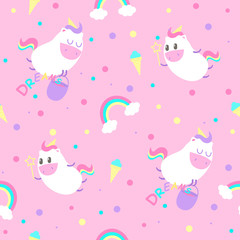 Seamless pattern with unicorns, rainbow and icecream