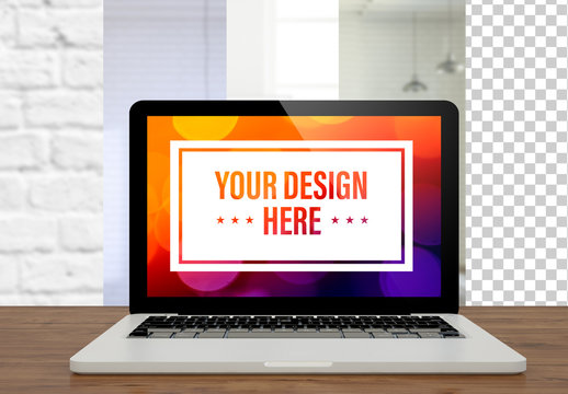 Laptop on Wooden Desk Mockup