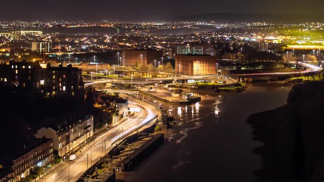 Night aerial time lapse of Bristol & Avon River