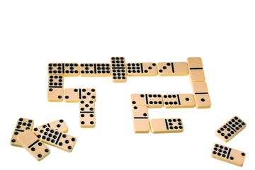Close up view of domino chips isolated on  white background with clipping path. Gaming background.