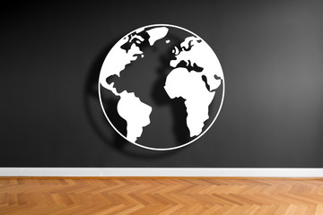 world illustration icon on wall background in empty room  -simple earth graphic  -