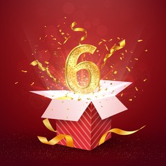 6 th year number anniversary and open gift box with explosions confetti isolated design element. Template six sixth birthday celebration on red background vector Illustration.