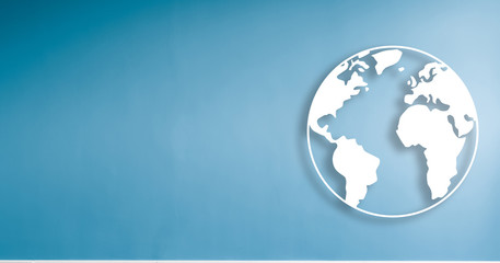 world illustration on blue wall background with copy space  -