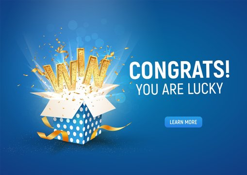 Open textured blue box with confetti explosion inside and win gold word on blue background horizontal illustration.