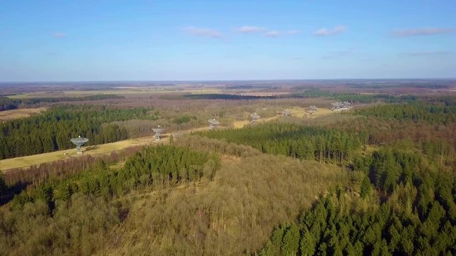 Drone Shot of The Westerbork Synthesis Radio Telescope (WSRT). An aperture synthesis interferometer consisting of a linear array of 14 antennas