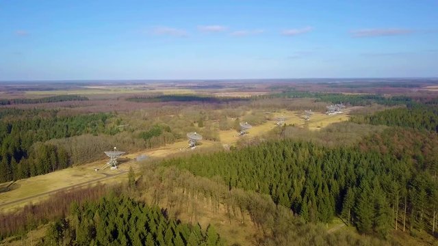 Aerial view of The Westerbork Synthesis Radio Telescope (WSRT). An aperture synthesis interferometer consisting of a linear array of 14 antennas
