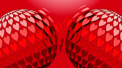 abstract figures of the same size with dark red hearts on a red color