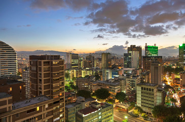 Skyline of Caracas city at dusk, Venezuela.