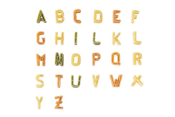 Alphabet from pasta letters font on white background