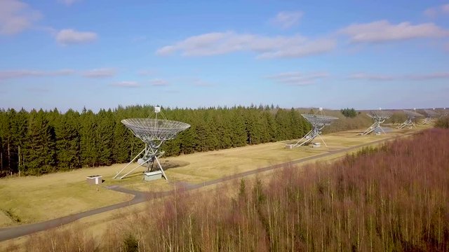 Aerial view of The Westerbork Synthesis Radio Telescope (WSRT). An aperture synthesis interferometer consisting of a linear array of 14 antennas