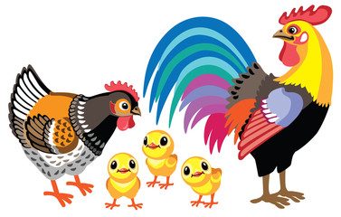 cartoon hen, rooster and little chickens . Vector illustration isolated on white