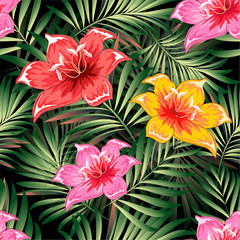 Seamless pattern of a tropical palm tree, jungle leaves and flowers. Hand drawing. Vector floral pattern.