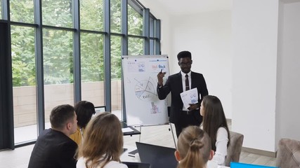 Male american-african manager presents on whiteboard new project plan to colleagues at meeting, explaining new ideas to coworkers in office, businessman gives presentation, discussing ideas with