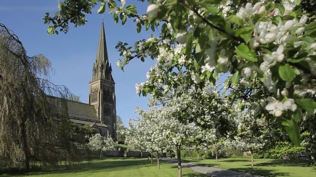 Edensor Village Church & Blossom, Chatsworth Estate, Derbyshire, England, UK, Europe 