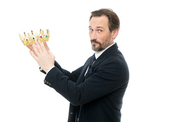 Being successful. Mature businessman holding crown. Business king. Success in business. Achieving...