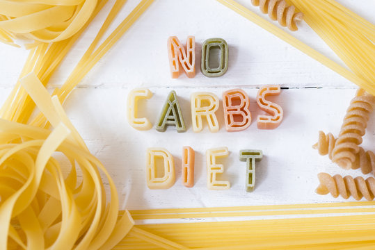 No Carbs Diet Text Written With Colorful Pastas On White Wooden Background