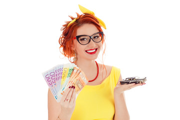 woman holding model black car, Euro money cash bills in hand
