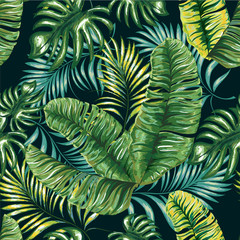 Seamless pattern of a tropical palm tree, jungle leaves and flowers. Hand drawing. Vector floral pattern.