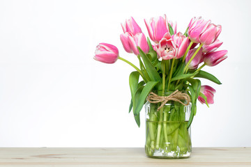 Pink tulips. Spring concept. March 8. Close-up with copyspace.