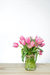Pink tulips. Spring concept. March 8. Close-up with copyspace.