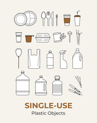 Plastic single-use objects. Vector illustration set of recycling plastic items. Food and household plastic packaging flat logo for ecological poster, postcard, banner, pollution environment concept.