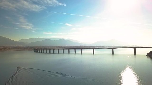 Drone shot polifitos lake and bridge near Kozani in Greece