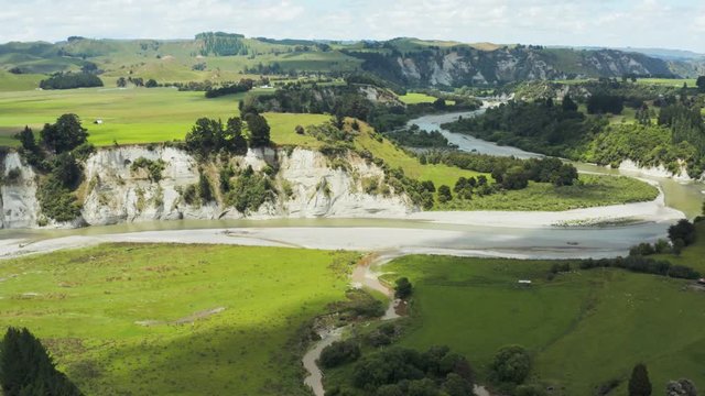 Aerial pan over amazing Rangitikei river and cliffs in middle New Zealand. 4k