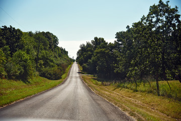 county road with trees and hill