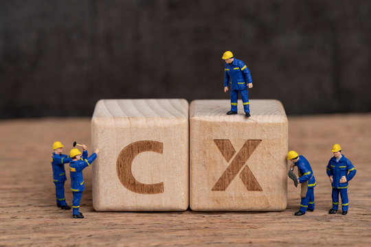Customer Experience in product and service concept, miniature people workers with blue team uniform building cube wooden block with acronym CX on table with blackboard, user review or feedback