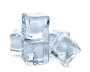 Pile of crystal clear ice cubes on white background