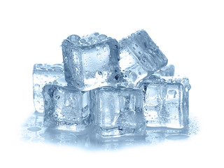 Pile of crystal clear ice cubes on white background