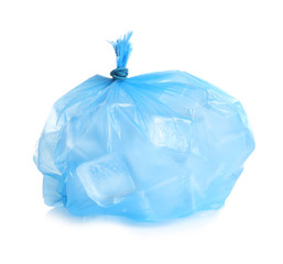 Plastic bag with ice cubes on white background
