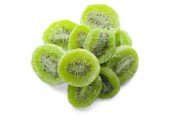 Fototapeta na wymiar Slices of kiwi on white background, top view. Dried fruit as healthy food