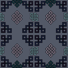 Vector illustration of Mongolian traditional symbols and ornaments arranged in seamless pattern.